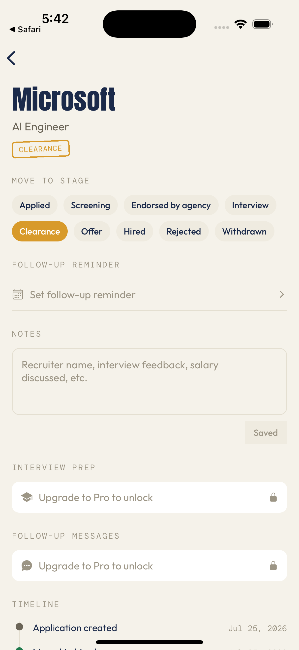 Offero application detail screen