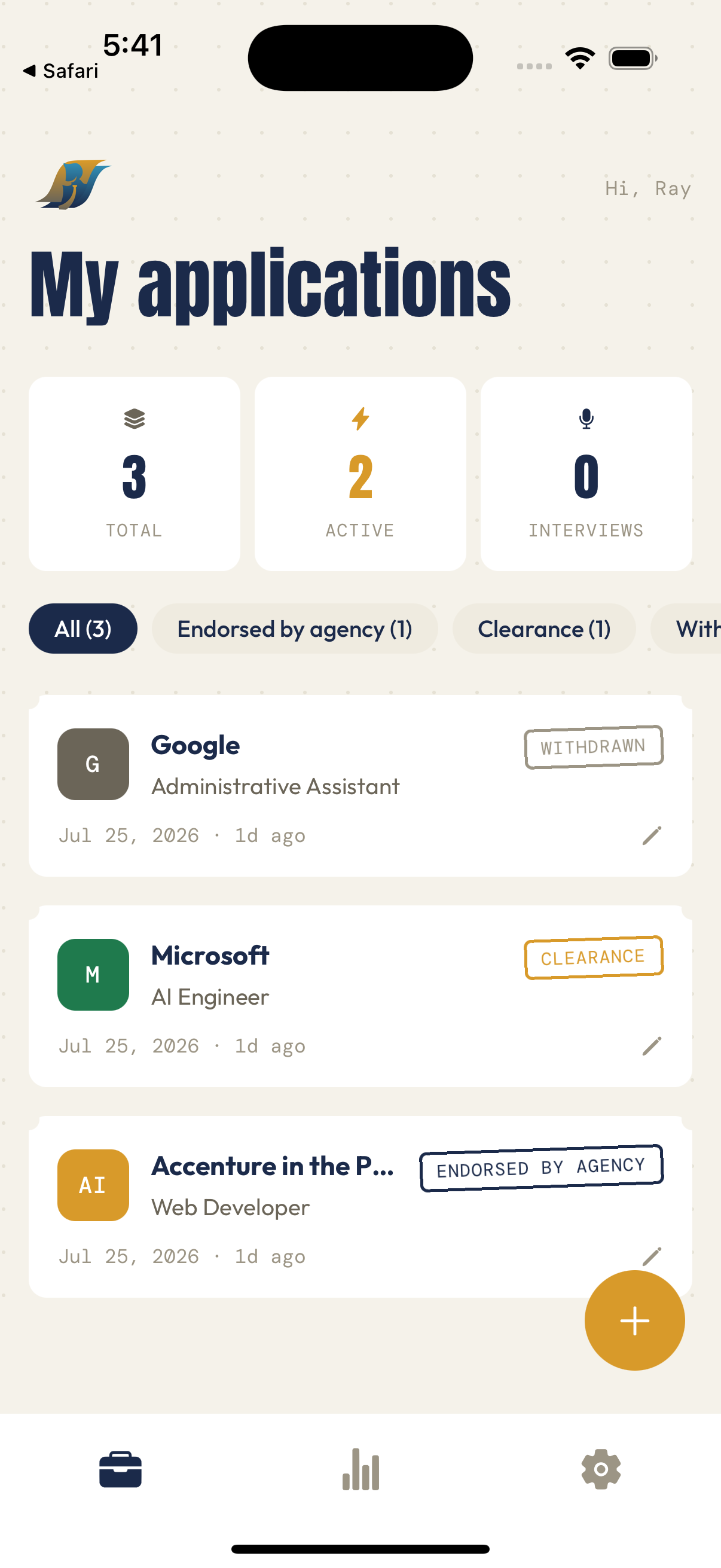Offero applications list screen